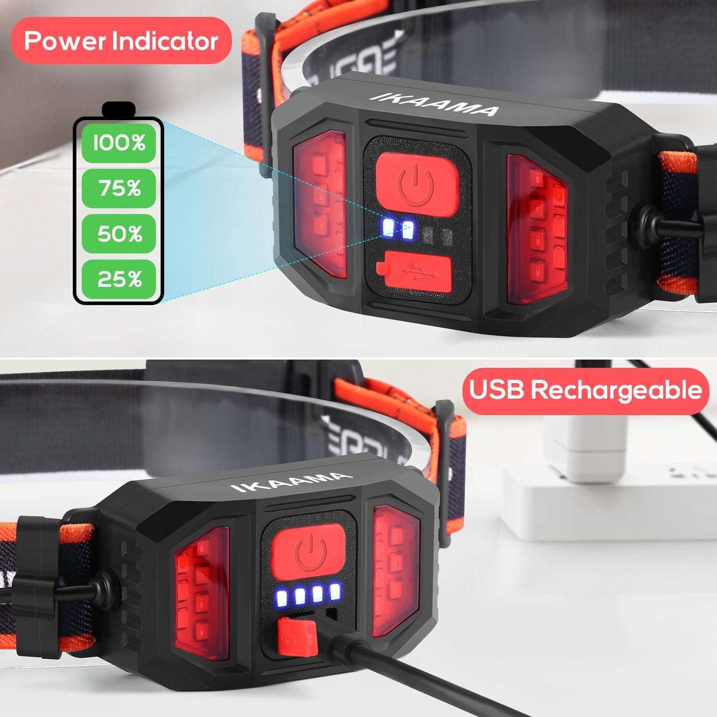 Headlamp, IKAAMA Rechargeable Bright Head Lamp, 210° Wide Beam 500-Lumen, 3.8oz Lightweight Head Light, 3 Light Modes Flashlight for Running,CA